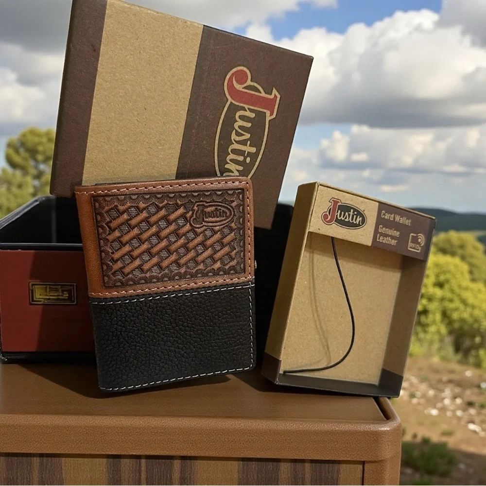 New Justin Boots Mens Leather Wallet Bi Fold Basketweave Card Wallet Brown Black